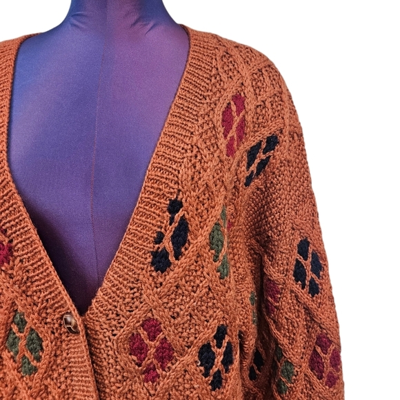 Vintage Baszio Rust Handknit Argyle 1/2 Button Grandpa Cardigan Size Large I76 - Picture 3 of 11